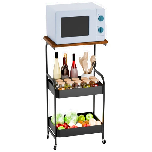 NEREIDS NET Rolling Kitchen Microwave Cart, 3 Tier Microwave Table Stand with Storage,Pantry Utility Kitchen Organizer Freestanding Fruit Vegetable Basket for Fruit Potato Onion Vegetable Bread Snack Black