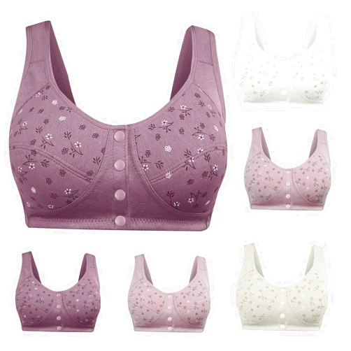 Hesxuno Daisy Bras for Older Women,Plus Size Front Closure Breathable Button Bra Full Support No Underwire Everyday Bras