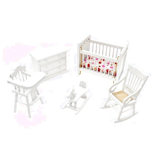 Nuoyi White Wooden Nursery Bedroom (5pcs) 1:12 Scale Dollhouse Furniture,Non-Toxic Paint