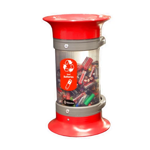 Glasdon C-Thru 5Q Battery Recycling Bin (Red) – Transparent Battery Disposal Container – Small 5Q Red Battery Recycling Tube