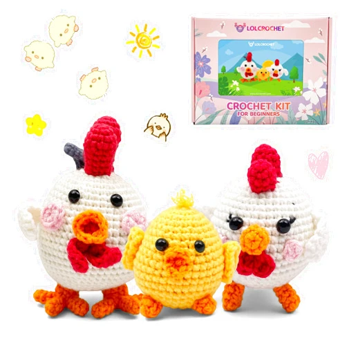 LOLCROCHET Chicken Crochet Kit for Beginners, Cute Animals DIY Amigurumi Starter Set with Step-by-Step Video & Book Tutorial, Easy Knitting Project for Adults Crocheting Doll Xmas Gift