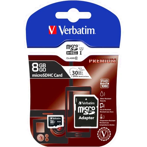 Verbatim 44081 8GB Premium microSDHC Memory Card with Adapter, UHS-I Class 10