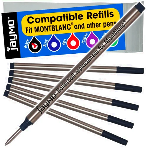 Jaymo Replacement for Montblanc 105158 - Measures 4.44 in / 113 mm Long - Rollerball Pen Refill - 6 Black