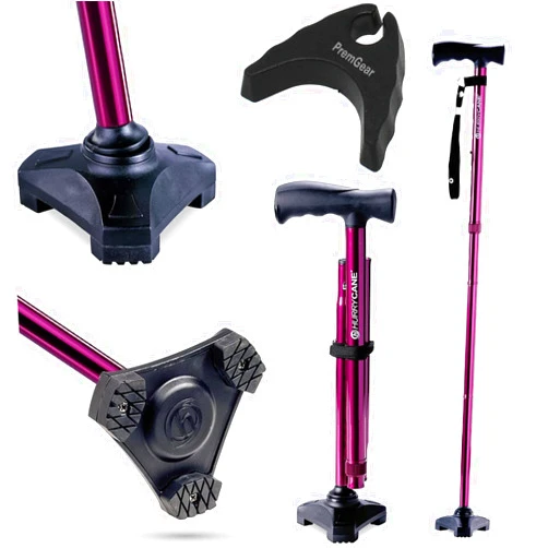 HurryCane-PremGear HurryCane Freedom Edition Foldable with T Handle Walking Cane for Men & Woman (Red/Magenta) Bundle with PremGear Cane Holder, Compatible with HurryCane