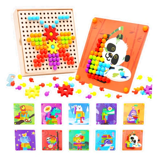 Ark miido Button Art Toy for Toddlers Wooden Mosaic Pegboard Toy Color Matching Toy Fine Motor Skill with Box 180 Buttons 10 Pictures Montessori Early Development Toy for Toddlers Boys Girls 1 2 3 4 5 6