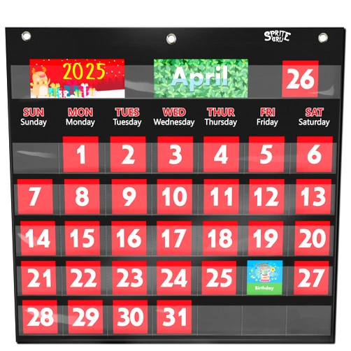 SpriteGru Black Calendar Pocket Chart with 76 Cards,(68 Illustrated Activity Cards, 8 Dry Erasable Flash Cards and 3 Hooks) 20” X 19”