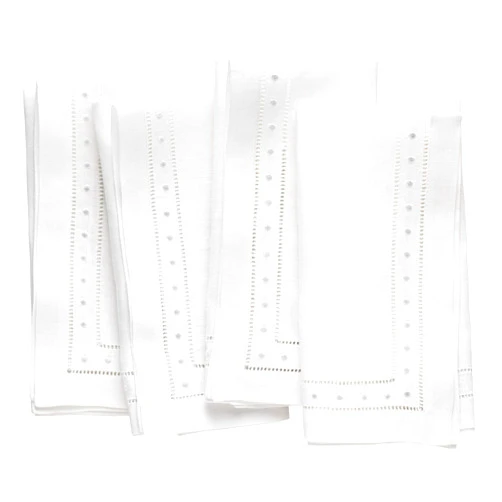 O'lucio Authentique Home Linen Napkins Set of 4-100% Flax Linen White Dinner Napkins with Embroidered Dot 18 x 18 inch - Hemstitch Cloth Napkins Washable for Winter and Valentines Day