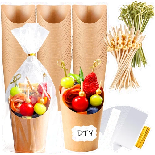 FSAH 100 Pcs Charcuterie Cups with Sticks 12oz, Individual Disposable Handheld Holder with 100 Bags+100 Lables+200 Cocktail Skewers Tooth Picks, Paper Appetizer Board Snack Boxes for French Fry, Brown