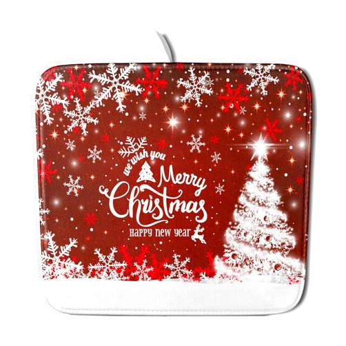Sweetshow Happy New Year Red Dish Drying Mat for Kitchen Counter,Merry Christmas Tree Snowflake Drying Mat 16 x 18 Inch with High Absorbent Reversible Microfiber Dish Drying Pad Drainer Mat for Coffee Bar