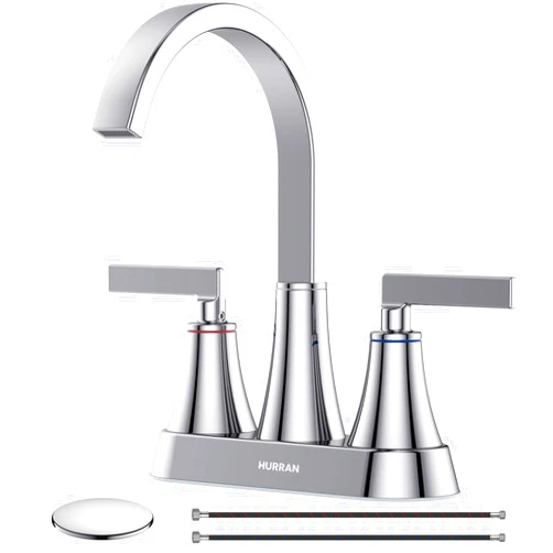 Hurran Bathroom Sink Faucet, Hurran 4 inch Chrome Bathroom Faucets for Sink 3 Hole with Pop-up Drain and Supply Lines, Stainless Steel 360 Swivel Waterfall Faucet for Bathroom Sink Vanity RV Restroom