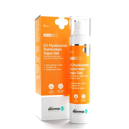 The Derma Co 1% Hyaluronic Sunscreen Aqua Gel with SPF 50 & PA++++ | Broad Spectrum UVA/B & Blue Light Protection | Lightweight & Quick Absorbing with Vitamin E | 1.76 Oz/50g