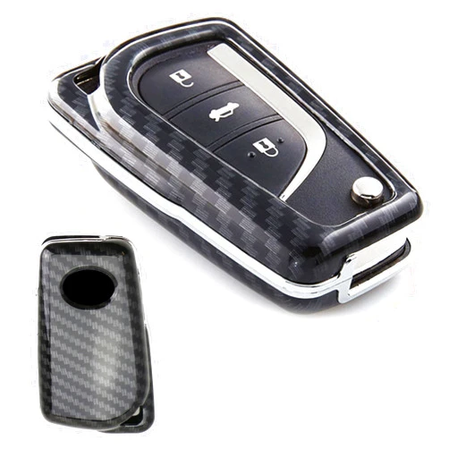 iJDMTOY Exact Fit Black Glossy Carbon Fiber Finish Key Fob Shell Compatible with 2018-up Toyota Camry Flip Blade Key