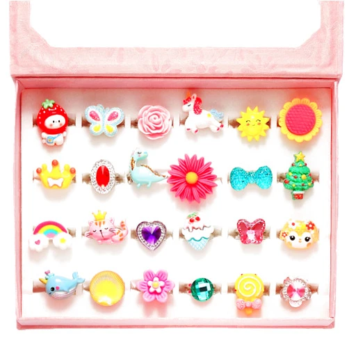 PinkSheep Little Girl Jewel Rings in Box, Adjustable, No Duplication, Girl Pretend Play and Dress Up Rings (24 Lovely Ring)