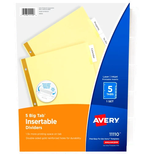 Avery Big Tab Insertable Dividers for 3 Ring Binders, 5-Tab Set, Buff Paper, Clear Tabs, 1 Binder Divider Set (11110)