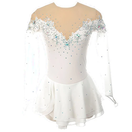 XDZSRT Kids Girls Sparkle Mesh Splice Round Neck Off-Shoulder Mesh Long Sleeves Figure Ice Skating Dress,White,S