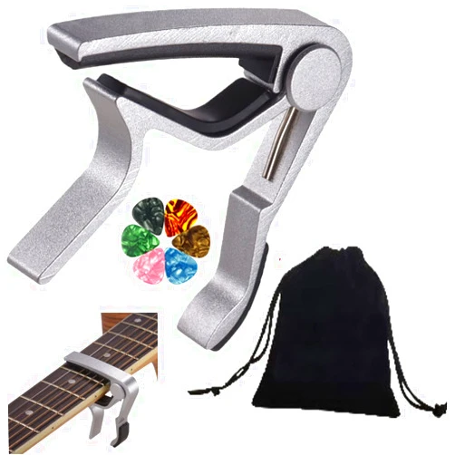 YingRen Zinc Guitar Tuner Guitar Capo/Professional Capo for Acoustic/Electric Guitar|Ukulele|Bass|Banjo|Mandolin + 6 PCS Guitar Picks+Guitar Picks Bag, Silver