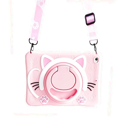 SINQERISHT Tablet Case for Samsung Galaxy Tab A7 10.4 Inch 2020 (SM-T500/T505/T507) Cover with 360° Swivel Stand/Handle Grip/Shoulder Strap,Duty Shockproof Silicone Cover 3D Lovely Cat Case(Pink)