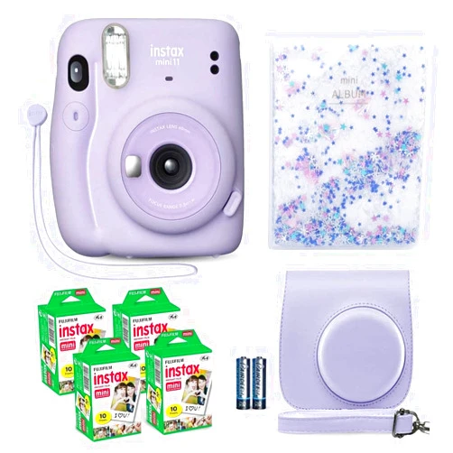 Fujifilm Instax Mini 11 Instant Camera Lilac Purple + Fuji Film Value Pack (40 Sheets) + Shutter Accessories Bundle, Incl. Compatible Carrying Case, Quicksand Beads Photo Album 64 Pockets