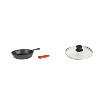 Lodge Cast Iron Skillet with Red Mini Silicone Hot Handle Holder, 8-inch & Tempered Glass Lid (8 Inch) – Fits Lodge 8 Inch Cast Iron Skillets and Serving Pots 8