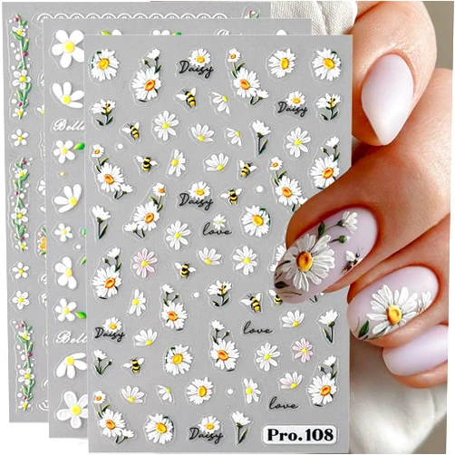 Jaliya 5pcs Embossed Daisy Nail Stickers Micro-carving Flower Nail Stickers Small Daisies Pink Butterfly Flower Nail Decals for Nail Art Supplies Daisy Flowers Nail Art Stickers Floral Stickers for Nails DIY