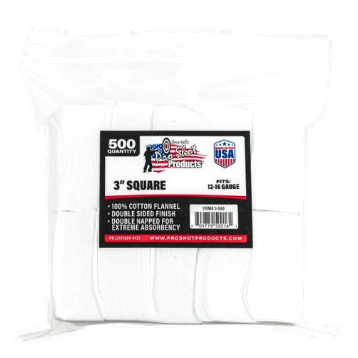 Pro Shot Gun Care Gun Care Flannel Gun Cleaning 500 Count Patches (12-16- Gauge, 3-Inch SQ.), White