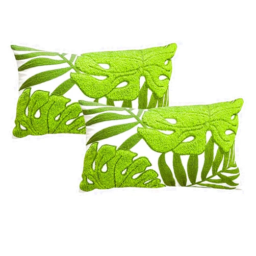 Mulzeart Set of 2, Cotton Embroidery Tropical Green Leaf Palm Pattern Throw Pillow Covers, Decorative Pillows Covers Cushion Case for Couch Sofa Bedroom Car, Pillow Case ONLY(12 x 20 Inch)