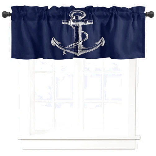 Savannan Window Curtains Valances, Nautical Knot Anchor Illustration Minimalist Art Dark Blue Rod Pocket Cafe Valance Short Curtains for Kitchen, Bedroom, Living Room, 1 Panel, 54X18
