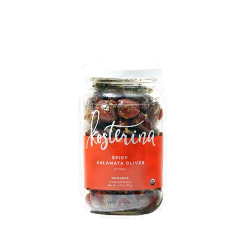 Kosterina - Organic Spicy Kalamata Olives, Pitted & Dry-packed – Great for Salads, Garnishing Cocktails and Snacking | 6.7oz (190g)