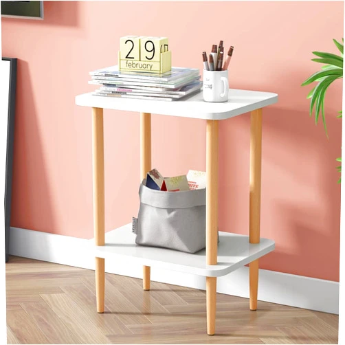 Exilot 2-Tier Side Table Tall End Table with Storage Rack Wooden Nightstand Bedside Table for Living Room Bedroom Office No-Tool Assembly (White).