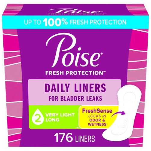 Poise Daily Liners, Incontinence Panty Liners, 2 Drop Very Light Absorbency, Long Length, 176 Count of Pantiliners (4 Packs of 44), Packaging May Vary