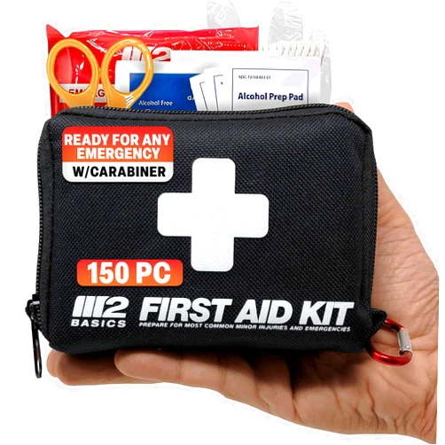 M2 BASICS All-Purpose 150 Piece First Aid Kit | Small First Aid Kit for Car, Travel, Home, Hiking, Camping, Survival | Emergency Kit, Medical Kit