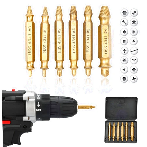 Valkynos Damaged Screw Extractor Set, 6Pcs Stripped Screw Extractor Kit, HSS 4341 Remover for Stripped Screws Nuts & Bolts Drill Bit Tools for Easy Removal of Rusty Broken Hardware - Gold