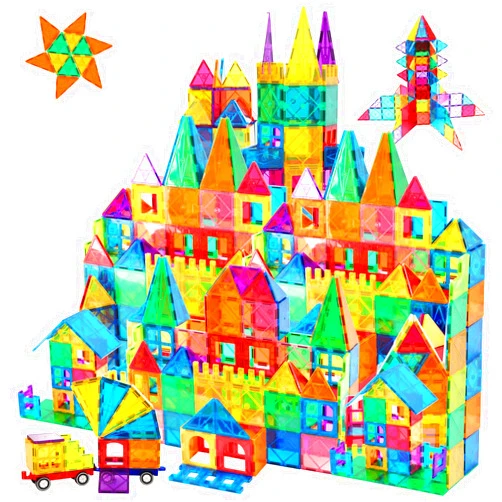 AFUNX Magnetic Tiles,102PCS Magnetic Building Blocks 3D Clear Construction Playboards, Inspiration, Creativity Beyond Imagination, Educational Magnet Toy Set for Kids with 2 Cars