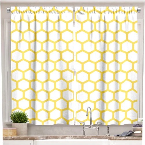 Ambesonne Yellow and White Kitchen Curtains, Hexagonal Pattern Honeycomb Beehive Simplistic Geometrical Monochrome, Window Drapes 2 Panel Set for Kitchen Cafe Decor, 55