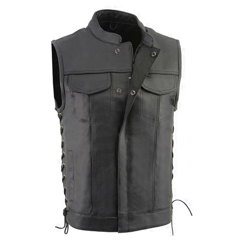 Milwaukee Leather LKM3712 Men's Black Leather Club Style Motorcycle Rider Vest w/Front Snap/Zipper and Side Lace
