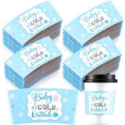 Yexiya 60 Pieces Christmas Baby It's Cold Outside Cup Sleeves Coffee Tea Cup Sleeves Fits 12oz 16oz Disposable Paper Cup Sleeves for Hot Chocolate Cocoa Beverage Xmas Party Supplies (Blue Silver)