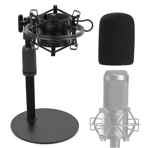 Frgyee Upgraded AT2020 Desktop Mic Stand, Adjustable Table Microphone Stand with Shock Mount and Foam Windscreen for Audio Technica AT2020 AT2020USB+ AT2035 ATR2500 Condenser Mic