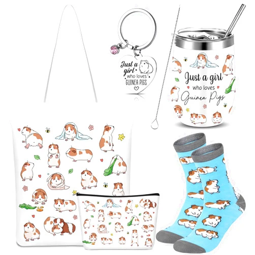 Geiserailie 5 Pcs Christmas Guinea Pig Lover Gifts for Women Include Just a Girl Who Loves Guinea Pigs Tote Bag, Makeup Bag, Keychain, Animal Tumbler, Socks for Women Animal Lovers Xmas Birthday Gift