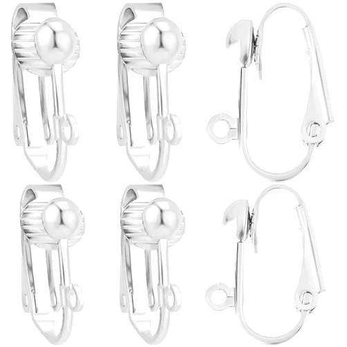 Beebeecraft 1 Box 36Pcs Clip Earring Connectors 925 Sterling Silver Plated Interchangeable Non-Pierced Clip On Earring Findings Components with Open Loop Flat Back for Jewelry Making 16.5x7.5x13mm