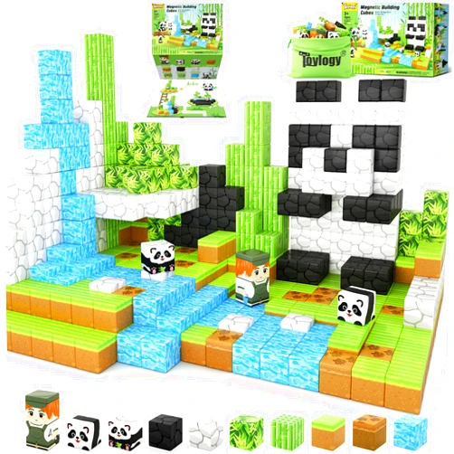Toylogy Magnetic Blocks-Build Mine Magnet World Panda Edition, Magnetic Tiles Building Blocks for Boys & Girls Age 3-5 4-8 5-7, Kids STEM Sensory Learning Outdoor Toys for 3+ Years Old Girls Boys Gifts