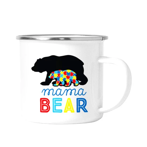 Andaz Press 11oz. Stainless Steel Camping Coffee Coffee Mug Gift, Mama Bear Autism Awareness, 1-Pack, Autistic Child Mom Birthday Christmas Outdoors Metal Enamel Campfire Cup