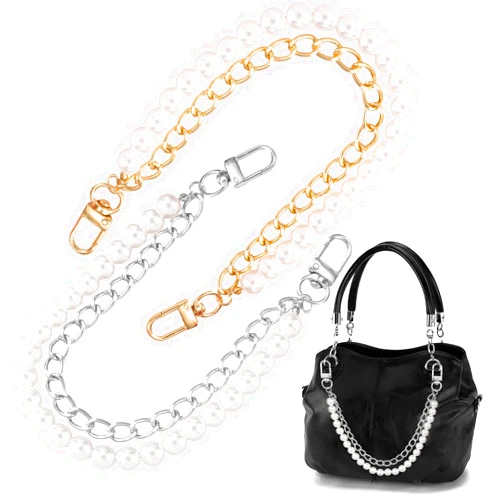HINZIC 2pcs Pearl Purse Chain Straps, 12inch Gold Silver Handbag Charm Extender Replacement, Metal Shoulder Crossbody Bags Accessories for Women