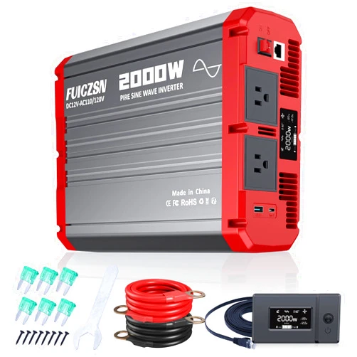 FUICZSN 2000 Watt Pure Sine Wave Inverter 12V DC to 110V/120V AC Car Converter with USB & Type-C Fast Charging Ports, 2 AC Outlets, LCD Display Remote Controller for RV Truck Off-Grid Solar Power Inverter