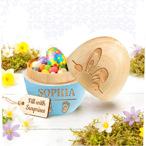 AOFUN Custom Engraved Wooden Easter Eggs Hollow Fillable Egg Keepsake, Personalized Wooden Easter Egg Gifts for Boy Girl, Reusable Easter Basket Decoration & Gift for Kids
