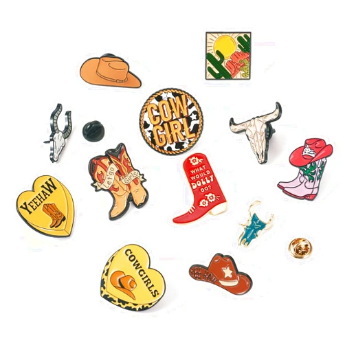 Boutigem 12Pcs Cowboy Theme Enamel Pins Cute Cowboy Boots Shoes Hat Cattle Head Cowgirls Heart Brooch Badges Brown Western Cowboy Lapel Badges for Backpack Bags Hats Clothing Decorative Supplies