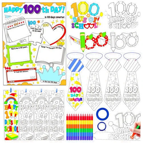 Cinrobiye 72 PCS 100th Day of School Kit 100 day of school Teacher Favor Set Including Coloring Glasses Crowns Poster Bookmarks Ties for Kids Teacher School Party Decorations Award Activities Craft Supplies