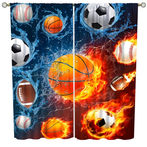 YCness Boys Sports Kids Curtains for Bedroom, Fire Basketball Football Soccer 3D Ball Window Treatments for Living Room,Teen Boys Girls Room Decor Drapes 2 Panel Sets,42x45 Inch