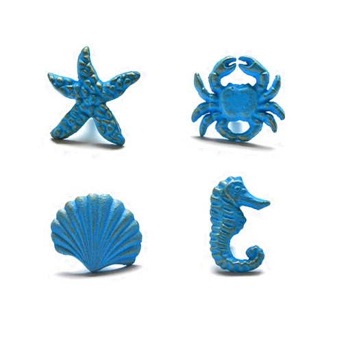ZILucky Sea Horse Starfish Seashell and Crab Drawer Pulls Handles for Dresser Cupboard Wardrobe Cabinet Kitchen Beach Ocean Theme Knobs Pack of 4 (Blue) (Blue)