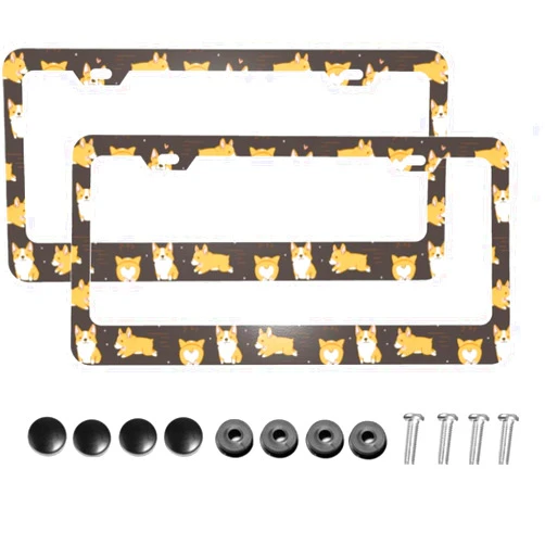 Dujiea 2 Pieces Kawaii Corgi Cute Dog Aluminum Metal License Plate Frame with Screw Caps, 2 Holes License Plate Frame Car Tag Cover Holder for Us Standard Vehicles