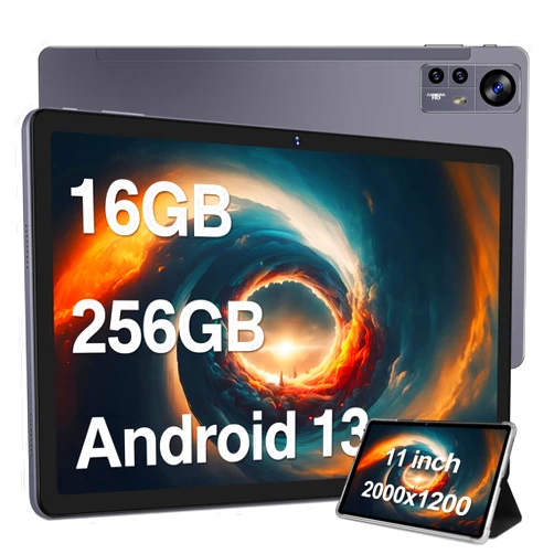 AOCWEI 2024 Latest Tablet 11 inch Android 13 Tablets 16GB+256GB+1TB Expand, Octa-Core, 2K 2000 x 1200 Display, 13MP Triple Camera, 8600mAh, Quad Speakers, 5G/2.4G WiFi,GPS,Bluetooth 5.0, with Case -Grey
